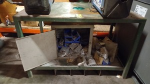 4' X 2.5' METAL TABLE PLUS A METAL UNDERCABINET WITH BOLTS, WASHERS & FITTINGS