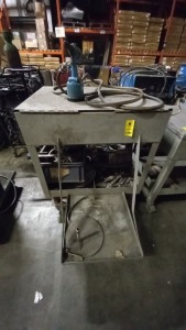 MOBILE METAL BABINET CONTAINING VARIOUS HOSE ATTACHMENTS PLUS AN AVDEL PNEUMATIC AIR TOOL