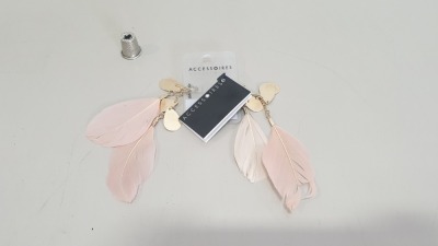 APPROX 320 X GOLD COLOURED PAIRS OF EARRINGS WITH PINK FEATHERS - IN 1 CARTON