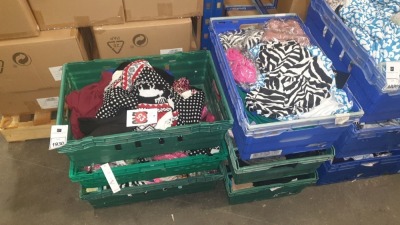 6 TRAYS OF LADIES CLOTHING IN VARIOUS STYLES & SIZES EG. I-X LONDON, MISSLOOK ETC. (TRAYS NOT