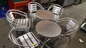 2 X ROUND GALVANISED BISTRO TABLES PLUS 9 MATCHING CHAIRS