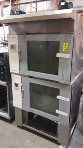 2 X TOM CHANDLEY STAINLESS STEEL CONVECTA TC OVENS ON A PORTABLE STAND