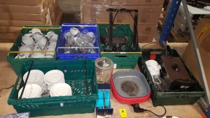MISC LOT OF CATERING GOODS IN 5 TRAYS (NOT INC) IE. FOOD WARMER, SINGLE FRYER, BLENDER, GLASSES, COFFEE MUGS & SAUCERS ETC.