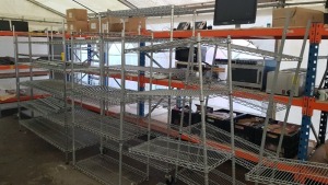 4 X TALL METAL MULTI-TIERED RACKS, 2 PART RACKS & A SELECTION OF SHELVES / SUPPORTS