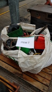 NYLON SACK CONTAINING ASSORTED USED VEHICLE COMPONENTS AND RED PLASTIC BINS