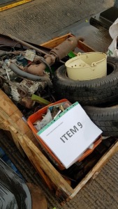 WOODEN STILLAGE CONTAINING USED TYRES SMALL USED KUBOTA DIESEL ENGINE STEEL LAMPSHADE AND USED CONTROL PANEL