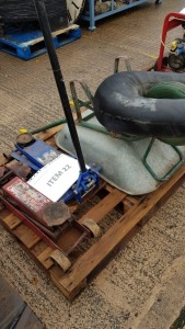 WHEELBARROW, 2 OFF TROLLEY JACKS AND AN INNERTUBE