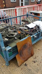 BLUE STILLAGE CONTAINING HYDRAULIC AND ELECTRICAL COMPONENTS PLUS VARIOUS VEHICLE FIXTURES AND FITTINGS