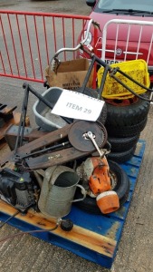 USED WHEELS AND TYRES, PART USED BICYCLE AND USED\ STILL SAW WITH PLASTIC TUB CONTAINING VARIOUS HAND TOOLS