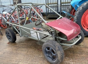 REAR WHEEL DRIVE PART BUGGY WITH ENGINE AND TIN CONTAINING LIGHTS AND COMPONENTS