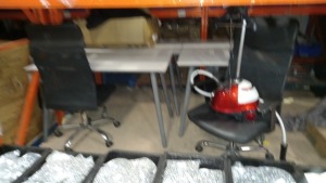 MISC OFFICE LOT IE. 3 DESKS, 2 SWIVEL CHAIRS & A QUEST CLOTHES STEAMER