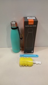 30 X BRAND NEW NEWDORA STAINLESS STEEL INSULATE SPORTS BOTTLES - 500 ML - 33MM HIGH - HOT / COLD - IN COLOUR DISPLAY BOX - COLOUR: TURQUOISE