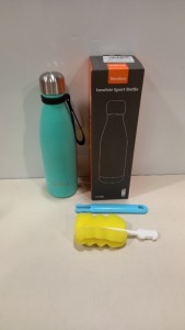 30 X BRAND NEW NEWDORA STAINLESS STEEL INSULATE SPORTS BOTTLES - 500 ML - 33MM HIGH - HOT / COLD - IN COLOUR DISPLAY BOX - COLOUR: TURQUOISE