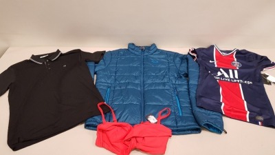 6 PIECE MIXED CLOTHING LOT CONTAINING ALBERTA FORRETI TOP SIZE 8, CALVIN KLEIN GOLF TOP SIZE LARGE, FIGLEAFS BIKINI TOP SIZE 36E, PSG FOOTBALL TOP SIZE XS, JACK WOLFSKIN COAT SIZE 44-46, CONVERSE TOP SIZE LARGE