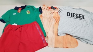 6 PIECE MIXED CLOTHING LOT CONTAINING FRENCH CONNECTION DRESS SIZE SMALL, DIESEL TOP SIZE XL, CALVIN KLEIN SWIMMING TRUNK SIZE XL, 2 X JACK & JONES TOPS SIZE SMALL, CANTERBURY TOP SIZE SMALL