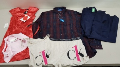 6 PIECE MIXED CLOTHING LOT CONTAINING FRENCH CONNECTION DRESS SIZE 10, D555 TROUSERS SIZE 42 REGULAR, FREYA BRA SIZE 34HH, CALVIN KLEIN BOXERS SIZE LARGE, D555 SHIRT SIZE 2XL, CALVIN KLEIN BAG