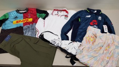 6 PIECE MIXED CLOTHING LOT CONTAINING ADIDAS TOP SIZE LARGE, NEW BALANCE TOP SIZE MEDIUM, FIRETRAP BIKINI TOP SIZE 12, ENGLAND RUGBY TOP SIZE SMALL, GANT SHORTS SIZE W38, SEE BY CHLOE TROUERS SIZE 37