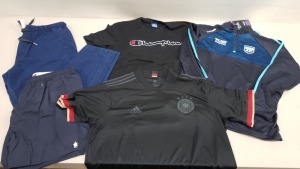 6 PIECE MIXED CLOTHING LOT CONTAINING CHAMPION TOP SIZE XL, ADIDAS FOOTBALL TOP SIZE XL, FARAH TOP SIZE MEDIUM, YMC TROUSERS SIZE XL, FRENCH CONNECTION SHORTS SIZE XL, AZZORI SPORTS TOP SIZE SMALL