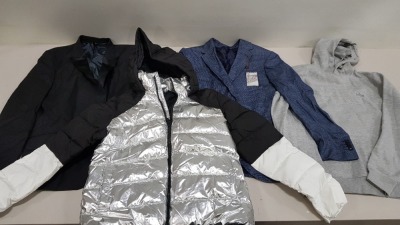 6 PIECE MIXED CLOTHING LOT CONTAINING ONEILL COAT SIZE LARGE, POLICE HOODIE SIZE SMALL, TURNER AND SANDERSON BLAZER SIZE 42, SIMON CARTER BLAZER SIZE 42R, MAISON DE NIMES PJ TOPS SIZE 14 AND 16