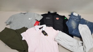 6 PIECE MIXED CLOTHING LOT CONTAINING LEVIS JOGGERS SIZE SMALL, MCKEEVER SPORTS JACKET SIZE SMALL, LYLE & SCOTT POLO SIZE MEDIUM, TED BAKER TROUSERS SIZE 30R, G STAR RAW JEANS SIZE 30/34, TRUE RELIGION TOP SIZE LARGE