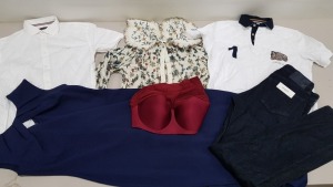 6 PIECE MIXED CLOTHING LOT CONTAINING JESSICA WRIGHT DRESS SIZE 14, PINK BRA SIZE LARGE, OBJECT SHIRT SIZE 34, 883 POLICE SHIRT SIZE LARGE, HOWICK POLO SHIRT SIZE LARGE, ADRIANNO GOLD SCHMIED JEANS SIZE 30