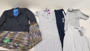 6 PIECE MIXED CLOTHING LOT CONTAINING PENGUIN BLAZER SIZE 36L, HUGO BOSS JOGGERS SIZE MEDIUM, FRENCH CONNECTION TOP SIZE SMALL, DKNY TOP SIZE XL, AMY CHILDS DRESS SIZE 8, SOUTH 2 WEST 8 TROUSERS SIZE MEDIUM