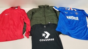 6 PIECE MIXED CLOTHING LOT CONTAINING FRENCH CONNECTION COAT SIZE SMALL, HACKET SHIRT SIZE MEDIUM, CASTOR SPORTS TOP SIZE XL, CONVERSE TOP SIZE 10, DIESEL TOP SIZE MEDIUM, NIKE JACKET SIZE XL