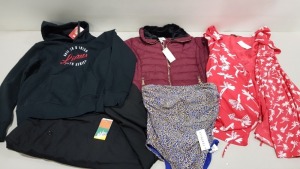 6 PIECE MIXED CLOTHING LOT CONTAINING EMS JUMPER SIZE XL, FRENCH CONNECTION DRESS SIZE 12, SCOPES TROUSERS SIZE 36R, SEA FOLLY SWIM SUIT SIZE 12, CANTERBURY HOODIE SIZE 8, AM LONDON COAT SIZE 10