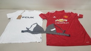 6 PIECE MIXED CLOTHING LOT CONTAINING MAN UNITED TOP SIZE LARGE, CASTOR JERSEY SIZE XXL, SEA FOLLY BIKINI TOP SIZE 12, ELEVEN DEGREES BIKINI TOP SIZE XS, PHASE EIGHT DRESS SIZE 10, FCUK TOP SIZE XL