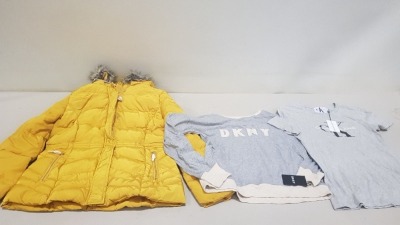 6 PIECE MIXED CLOTHING LOT CONTAINING AM LONDON COAT SIZE 14, DKNY TOP SIZE SMALL, FANTASY BIKINI TOP SIZE 32G, ENGLAND TOP SIZE MEDIUM, MAISON LEJABY BRA SIZE 34B, CALVIN KLEIN TOP SIZE SMALL