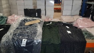 46 PIECE MIXED CLOTHING LOT CONTAINING DOROTHY PERKINS NAVY DRESSES, TOPSHOP FLOWER DETAILED DRESSES, DOROTHY PERKINS PUFFER COATS, NEXT PENCIL SKIRTS, BLACK TOPSHOP HANDBAG, PAPAYA KNITTED JUMPER AND BURTON SWEATSHIRT ETC