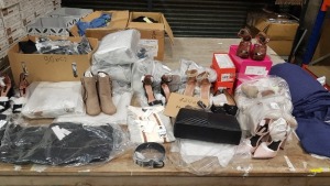 120 PIECE MIXED LOT CONTAINING TOPSHOP BLACK HIGH HEELS, TOPSHOP MINK HIGH HEELS, SWEDISH HASBEENS BROWN HEELED SHOES, TOPSHOP HANDBAG, DOROTHY PERKINS BELT, TOPSHOP DENIM JACKET AND TOPSHOP DENIM JEANS ETC