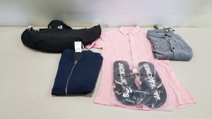 45 PIECE MIXED TOPSHOP AND DOROPTHY PERKINS CLOTHING LOT CONTAINING PINK FAUX FUR HOODED PUFFER COATS, JACK AND JONES FLIP FLOPS, ONLY AND SONS PINK AND GREY POLO SHIRTS, TOPSHOP HANDBAGS ETC ON 3 SHELVES