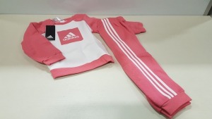 12 X BRAND NEW ADIDAS 3 STRIPED FLEECED SWEAT SHIRT AND JOGGER SET IN PINK AND WHITE - IN SIZE 12 - 18 MONTHS