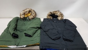 6 X BRAND NEW JACK AND JONES FAUX FURR HOODED COATS - 3X KHAKI - 3X BLACK AND BLUE - ALL SIZE XXL