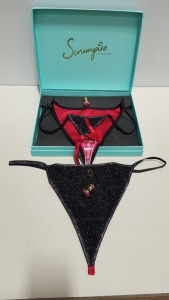 49 X BRAND NEW SCRUMPIES OF MAYFAIR RED DEVIL LADIES THONGS IN UK SIZE 14 WITH 50 CHARMS AND 25 PRESENTATION BOXES RRP £35.00 (TOTAL RRP £1715.00)