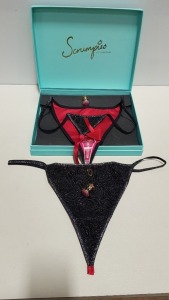 50 X BRAND NEW SCRUMPIES OF MAYFAIR RED DEVIL LADIES THONGS IN UK SIZE 12 WITH 50 CHARMS AND 25 PRESENTATION BOXES RRP £35.00 (TOTAL RRP £1750.00)