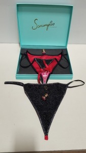 48 X BRAND NEW SCRUMPIES OF MAYFAIR RED DEVIL LADIES THONGS IN UK SIZE 12 WITH 50 CHARMS AND 25 PRESENTATION BOXES RRP £35.00 (TOTAL RRP £1680.00)