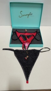 48 X BRAND NEW SCRUMPIES OF MAYFAIR RED DEVIL LADIES THONGS IN UK SIZE 12 WITH 20 CHARMS AND 25 PRESENTATION BOXES RRP £35.00 (TOTAL RRP £1680.00)