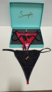 50 X BRAND NEW SCRUMPIES OF MAYFAIR RED DEVIL LADIES THONGS IN UK SIZE 10 WITH 50 CHARMS AND 25 PRESENTATION BOXES RRP £35.00 (TOTAL RRP £1750.00)