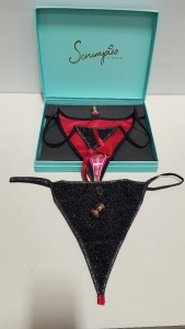 50 X BRAND NEW SCRUMPIES OF MAYFAIR RED DEVIL LADIES THONGS IN UK SIZE 10 WITH 50 CHARMS AND 25 PRESENTATION BOXES RRP £35.00 (TOTAL RRP £1750.00)