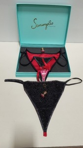 50 X BRAND NEW SCRUMPIES OF MAYFAIR RED DEVIL LADIES THONGS IN UK SIZE 10 WITH 50 CHARMS AND 25 PRESENTATION BOXES RRP £35.00 (TOTAL RRP £1750.00)