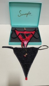 50 X BRAND NEW SCRUMPIES OF MAYFAIR RED DEVIL LADIES THONGS IN UK SIZE 8 WITH 50 CHARMS AND 25 PRESENTATION BOXES RRP £35.00 (TOTAL RRP £1750.00)