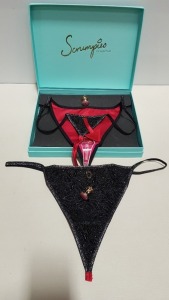 50 X BRAND NEW SCRUMPIES OF MAYFAIR RED DEVIL LADIES THONGS IN UK SIZE 8 WITH 50 CHARMS AND 25 PRESENTATION BOXES RRP £35.00 (TOTAL RRP £1750.00)