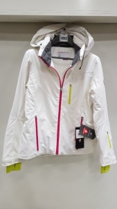 1 X BRAND NEW SPYDER SKI HOODED JACKET IN WHITE WITH PINK AND YELLOW ZIPS - IN SIZE UK M