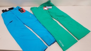 2 X BRAND NEW SKI PANTS TO INCLUDE HELLY HANSEN PERFORMANCE SKI PANTS IN GREEN ( SIZE - XL) AND SPYDER THINSULATE PROPULTION SKI PANTS WITH ELASTIC SHOULDER STRAPS IN BRIGHT BLUE ( SIZE - 16)