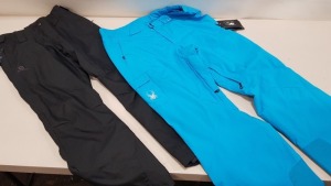 2 X BRAND NEW SKI PANTS TO INCLUDE SPYDER THERMAL SKI PANTS IN BLUE (SIZE UK XXL) AND SALOMON INSULATED SKI PANTS IN ALL BLACK ( SIZE XL)