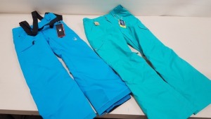 2 X BRAND NEW SKI PANTS TO INCLUDE BURTON GIRLS ELITE CARGO SKI PANTS IN TURQUOISE ( SIZE UK XL) AND SPYDER BOYS PROPULSION SKI PANTS WITH ELASIC SHOULDER STRAPS IN BLUE ( SIZE KIDS 14 YEARS )