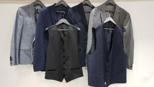 12 X BRAND NEW SUIT BLAZERS AND WAISTCOATS IN VARIOUS SIZES AND COLOURS TO INCLUDE HUGO BOSS, KENNETH COLE , CALVIN KLEIN AND REDA ETC