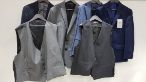 12 X BRAND NEW SUIT BLAZERS AND WAISTCOATS IN VARIOUS SIZES AND COLOURS TO INCLUDE CALVIN KLEIN, RAGING BULL , ALEXANDRE , COLOMBO AND LIMEHAUS ETC